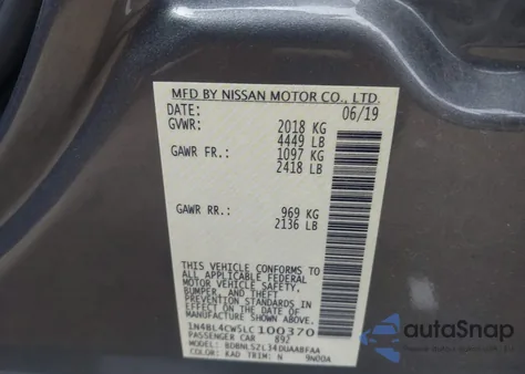 2020 Nissan Altima Sr Intelligent Awd from USA, damaged, VIN 1N4BL4CW5LC100370